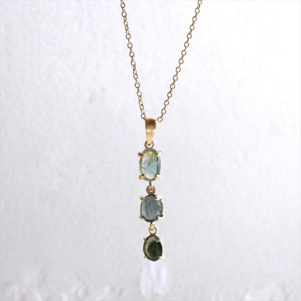 ３っつのウォーターメロントルマリンのネックレス 18KGF 天然石  バイカラーダブルストーン　オー...