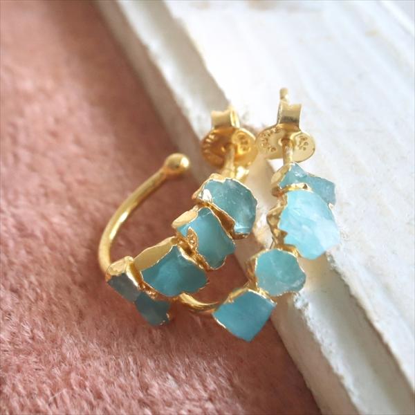 4粒のアパタイト シルバーピアス  ラフカット 天然石 フープピアス