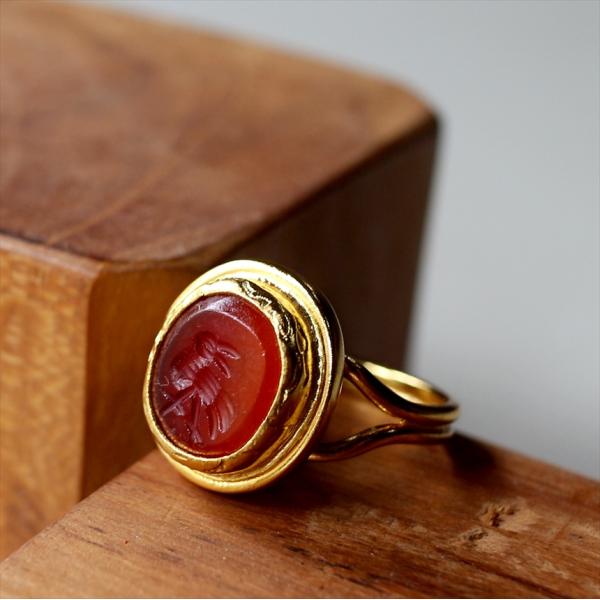 アルサメイア インタリオリング オーバル アゲート 天然石22Kゴールドプレーテッド トルコジュエリ...