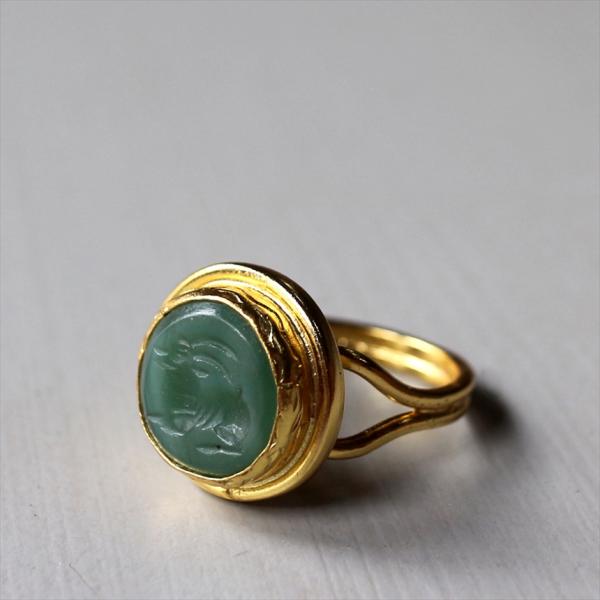 アルサメイア インタリオリング ラウンド グリーンジェイド 天然石22Kゴールドプレーテッド トルコ...