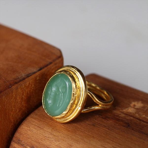 アルサメイア インタリオリング オーバル グリーンジェイド 天然石22Kゴールドプレーテッド トルコ...
