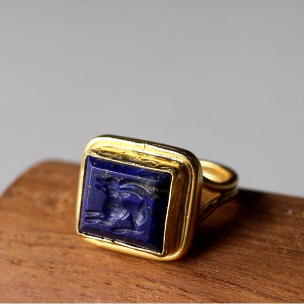 アルサメイア インタリオリング スクエア ラピスラズリ 天然石22Kゴールドプレーテッド トルコジュ...