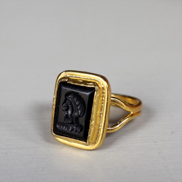 アルサメイア インタリオリング スクエア オニキス 天然石22Kゴールドプレーテッド トルコジュエリ...