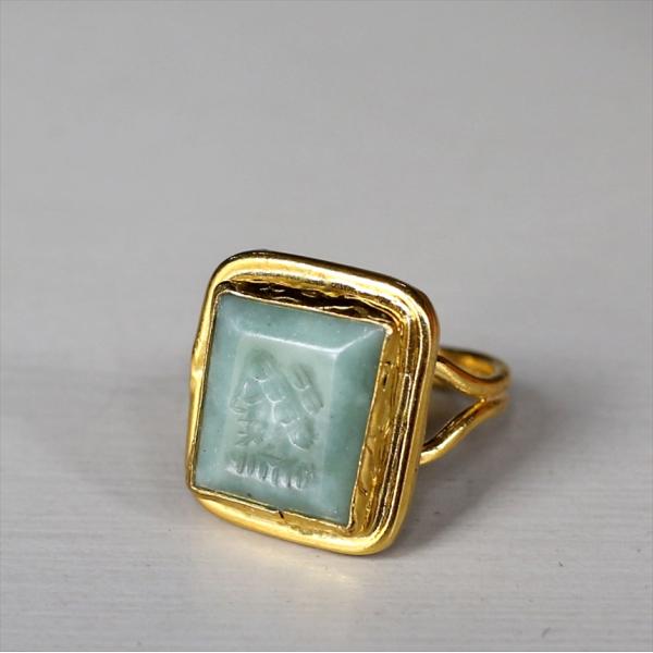 アルサメイア インタリオリング スクエア グリーンジェイド 天然石22Kゴールドプレーテッド トルコ...