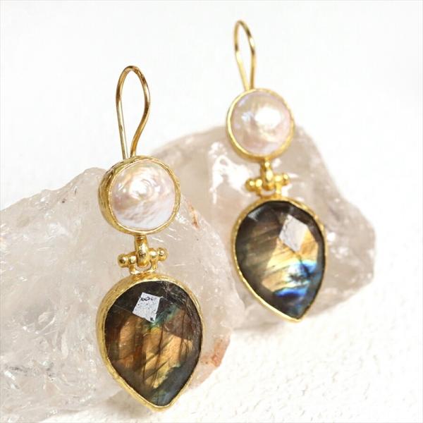 アルサメイア・ゴールドプレートピアス トルコジュエリー パール＆ラブラドライトピアス ペアシェイプ