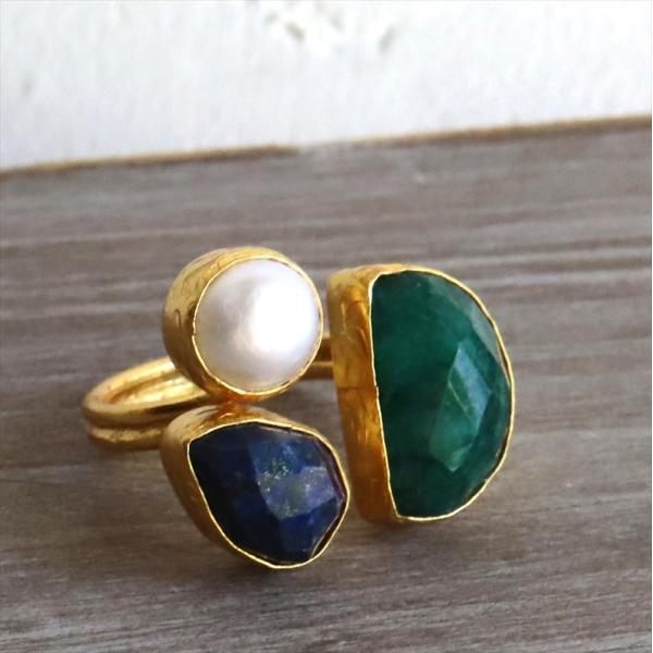 アルサメイア 三つの石のリング グリーンジェイド＆ラピスラズリ＆パール 天然石22KGP トルコジュ...