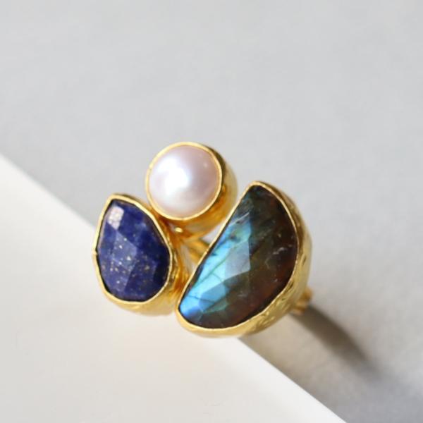 アルサメイア 三つの石のリング　ラブラドライト×ラピスラズリ×パール 天然石22KGP トルコジュエ...