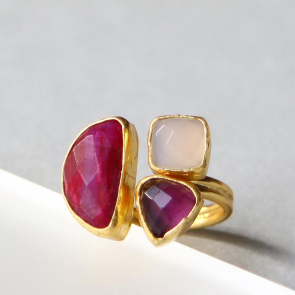 アルサメイア 三つの石のリング　ルビー×アメシスト×ホワイトカルセドニー 天然石22KGP トルコジ...