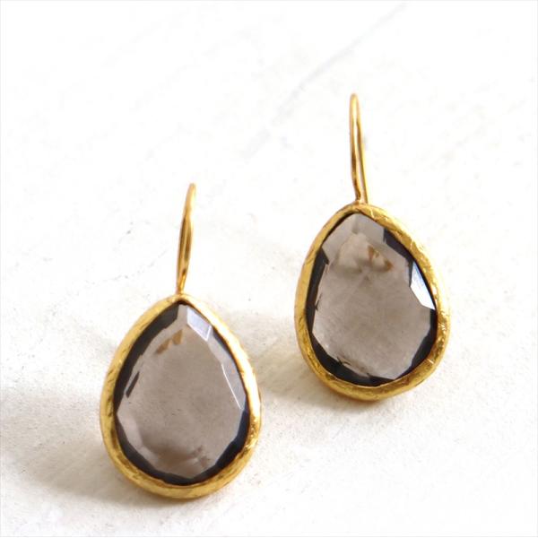 天然石ピアス スモーキークォーツ ドロップ/ペアシェイプ ひと粒 イスタンブール発トルコハンドメイド...