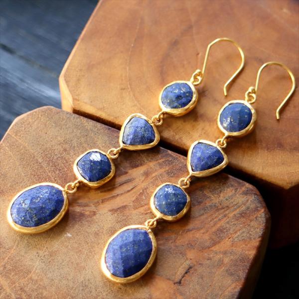 4粒の天然石ドロップロングピアス　ラピスラズリ Arsameia, 22k goldplated e...