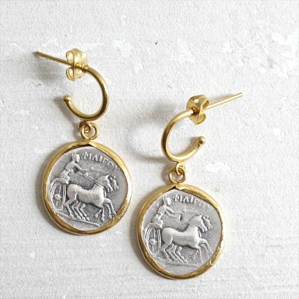アンティークコイン ピアス 古代ギリシャ ゴールド&amp;シルバーコンビ フープピアス 馬車を駆る人