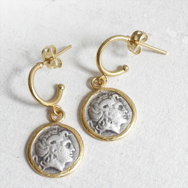 アンティークコイン ピアス ヘラクレス/ゼウス神 ゴールド&amp;シルバー マケドニア帝国/テトラドラクマ