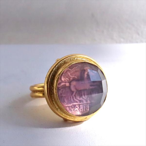 ハイドロアメシストとガラスのコインリング  馬車に乗る人 コイン22KGP 古代ローマ帝国　トルコジ...