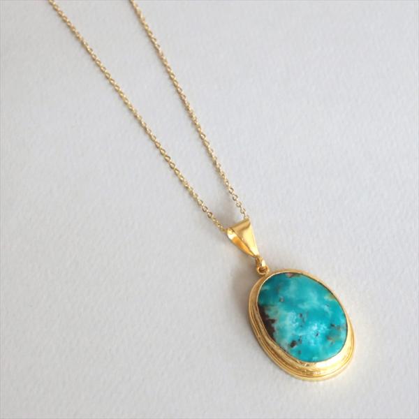 ターコイズ ペンダント オーバル ビッグストーン 60cmチェーン 天然石22Kゴールドプレーテッド...
