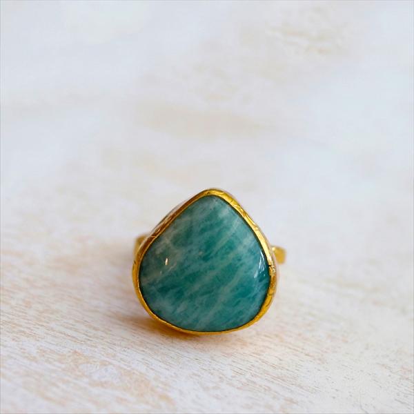 アルサメイア アマゾナイト ドロップリング 天然石22Kゴールドプレーテッド トルコジュエリー カラ...