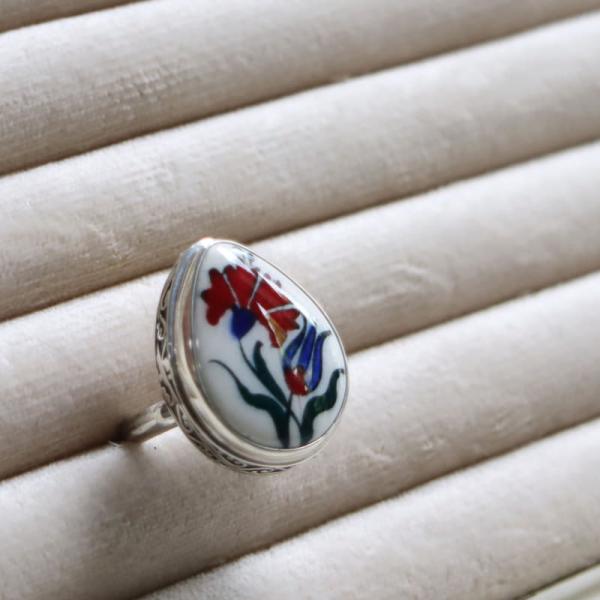 キュタフヤ陶器 シルバーリング　11号 カーネーションとチューリップ