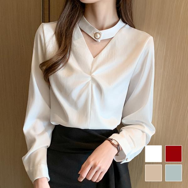 チョーカーデザインブラウス レディース トップス 長袖 無地 春服 夏 秋 10代 20代 30代 ...