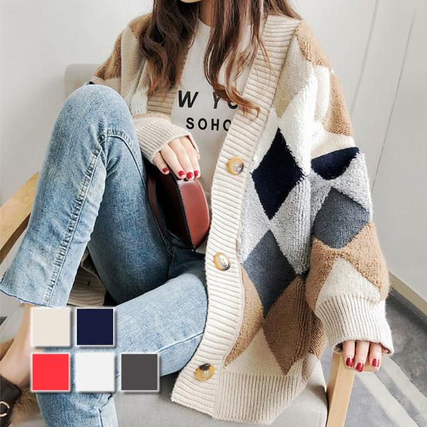 ニットカーディガン レディース カーディガン ボア アーガイル Vネック アウター 秋 冬 A/W ...