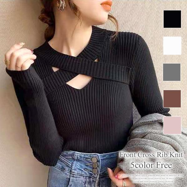 フロントクロスリブニット レディース トップス 長袖 無地 秋服 冬服 10代 20代 30代 韓国...