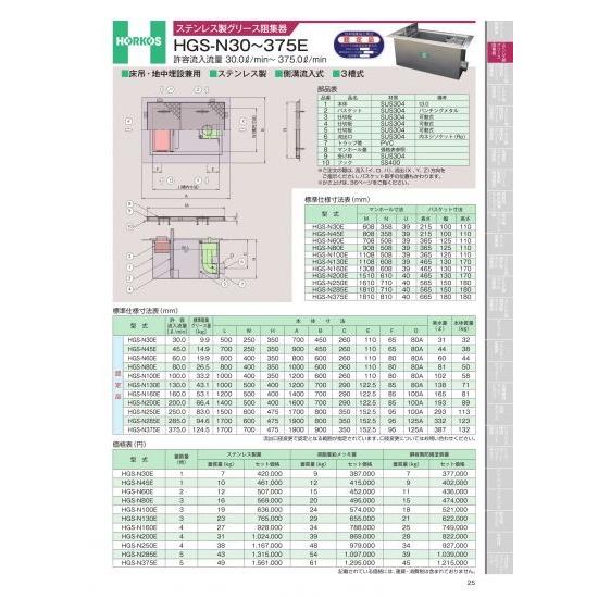 ホーコス　ステンレス製グリース阻集器　HGS-N30〜375E　　HGS-N60E