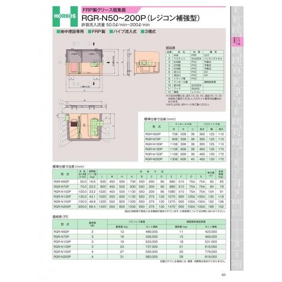 ホーコス　FRP製グリース阻集器　RGR-N50〜200P　(レジコン補強型)　RGR-N150P