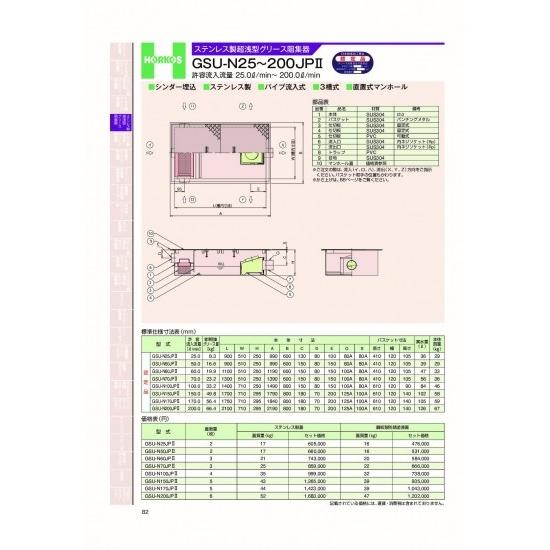 ホーコス　ステンレス製超浅型グリース阻集器　GSU-N25〜200JPII　許容流入流量　25.0&amp;...
