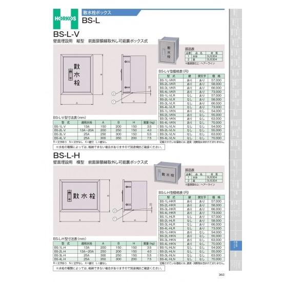 ホーコス　散水栓ボックス　BS-L-V　壁面埋設用　縦型　全面扉額縁取外し可能裏ボックス式　BS-1...