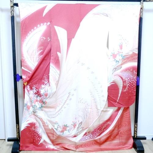 大振り袖 深紅に白の鳳凰の振袖 大柄の女性向け着物 ８０年代風彗星のぼかし入り