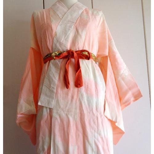 長じゅばん 桃色 袷仕立て 綸子 シミあり リメイク素材