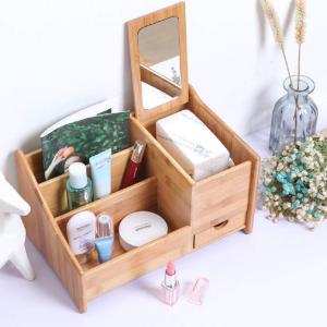 メイクボックス コスメボックス 木製 化粧品収納ケース 卓上マルチ収納 ミラー 化粧鏡付き 引き出し 小物入れ 大容量 Anberotta J91 (ブラウン)
