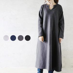 レディース 秋冬 ワンピース キーネック 長袖 裏起毛