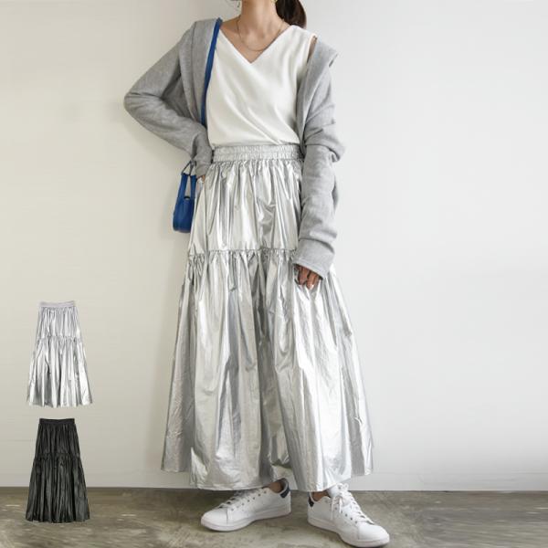 スカート ロング 夏 ゴム フレア メタリック 春 体型カバー トレンド 50代 40代 30代 2...