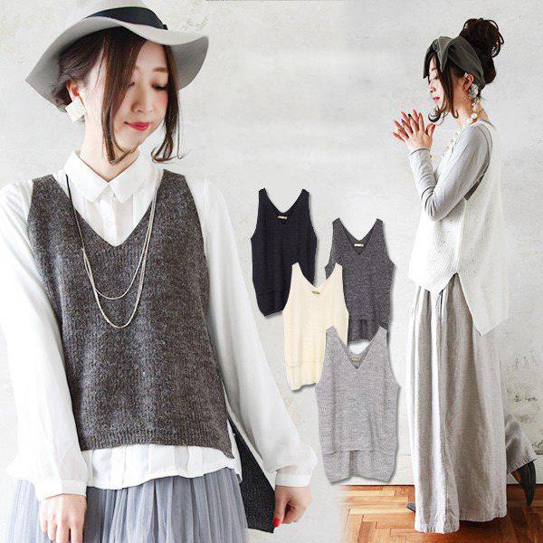 タンクトップ レディース ロング丈 ニット ベスト トップス 秋 冬 春 大きいサイズ vネック ニ...