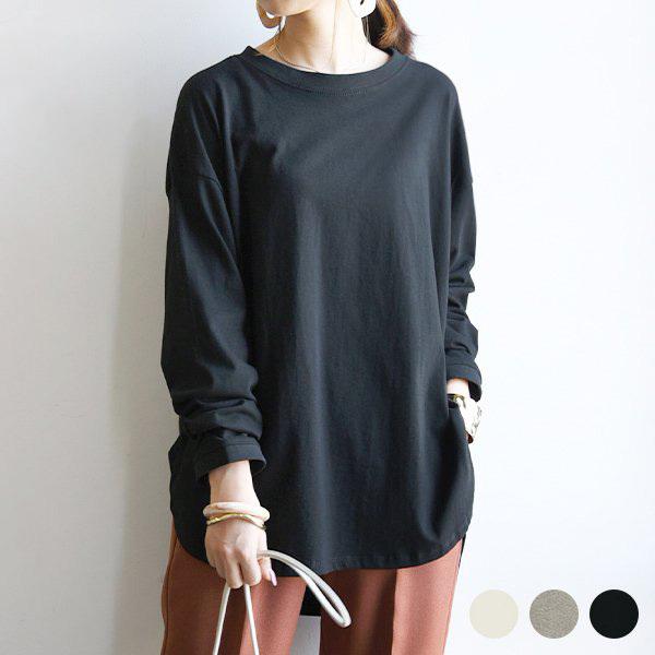カットソー レディース 長袖 綿 秋 冬 Tシャツ ロンT トップス 黒 白 無地 コットン 60代...