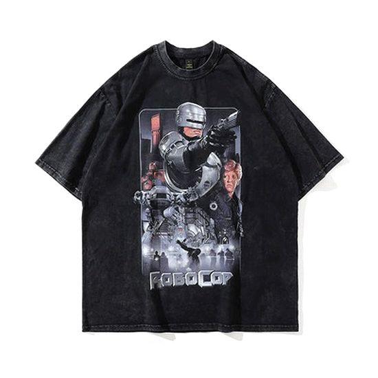 メンズ レディース半袖Tシャツ 映画 アートTシャツ Robo cop ロボコップ 色落ちブラック