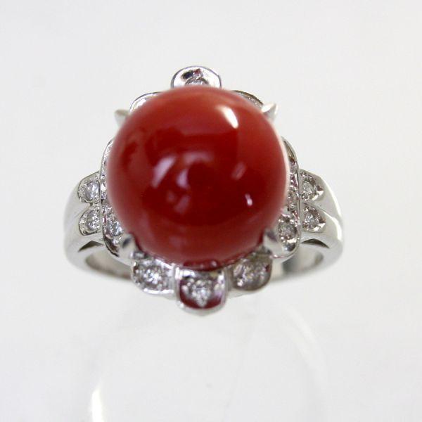 ◎中古美品◎プラチナ　サンゴ　11.6mm　ダイヤ　0.15ct　リング　11.5号