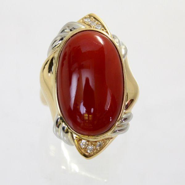 ◎中古美品◎１８金，プラチナ　赤サンゴ＆ダイヤ　リング　11.5号