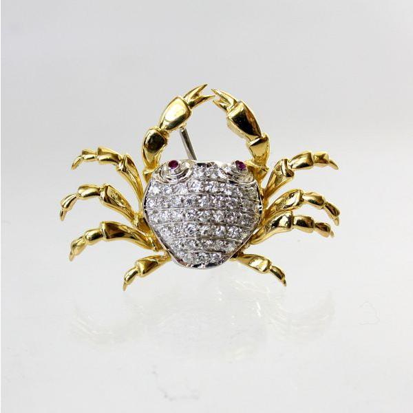 ◎中古美品◎１８金YG,WG　イタリア製　ダイヤ＆ルビー　蟹デザイン　ブローチ