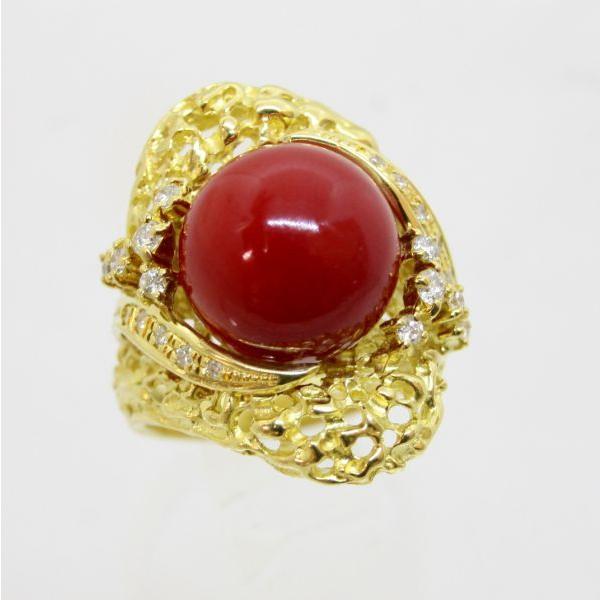 ◎中古美品◎１８金　赤サンゴ　13mm　ダイヤ　0.35ｃｔ　リング　14号