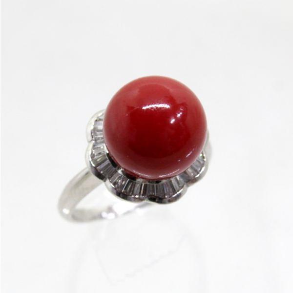 ◎中古美品◎プラチナ　サンゴ　12.5mm　ダイヤ　0.53ct　リング　16号