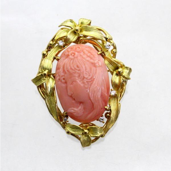 ◎中古美品◎１８金枠　サンゴカメオ　19.96ct　ダイヤ　0.10ct　ブローチ兼ペンダント