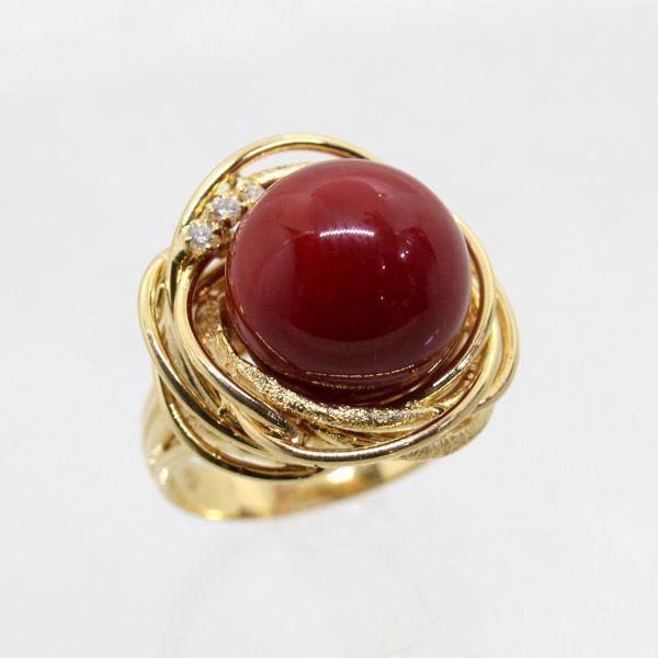 ◎中古美品◎１８金　赤サンゴ　12.5mm　ダイヤ　リング　12号