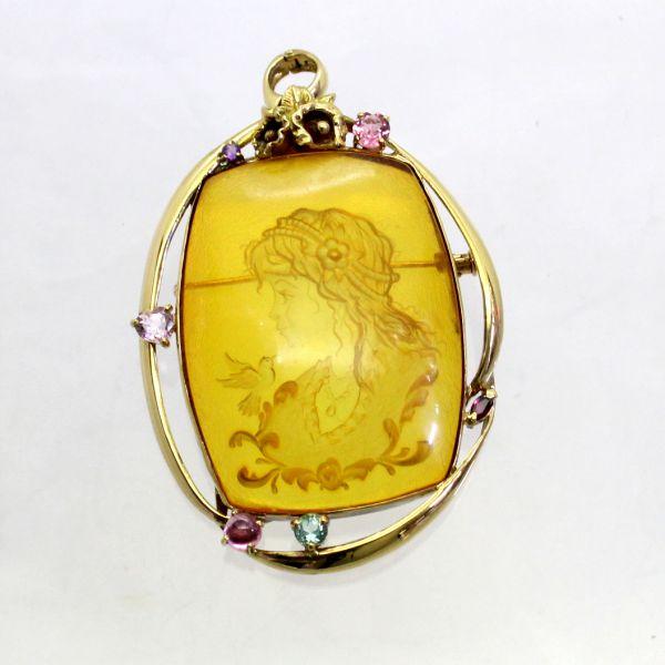 ◎中古美品◎１８金　コハク　マルチストーン　ブローチ兼ペンダント