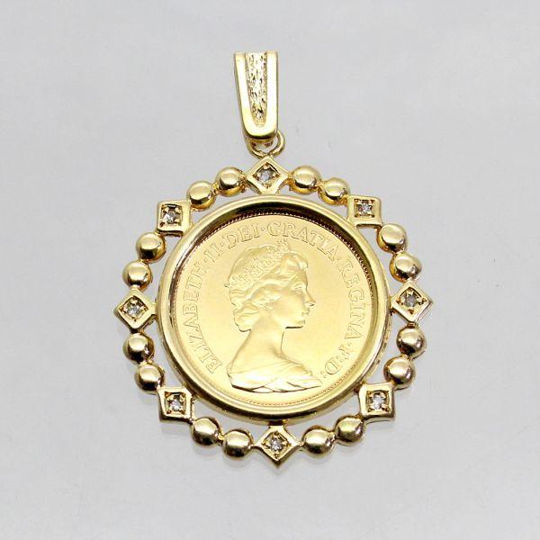◎中古美品◎１８金枠　ダイヤ　0.05ｃｔ　ソブリンコイン　ペンダント
