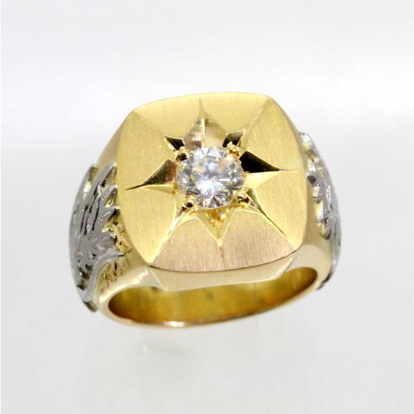 ◎中古美品◎１８金，プラチナ，　ダイヤ　0.61ct　0.025ｃｔ　龍彫　印台　メンズリング　16...