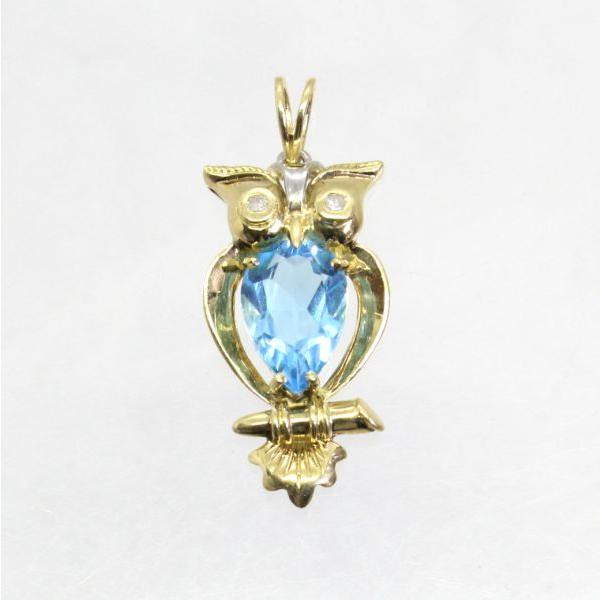 ◎中古美品◎１８金,プラチナ　ブルートパーズ　ダイヤ　フクロウデザイン　ペンダント