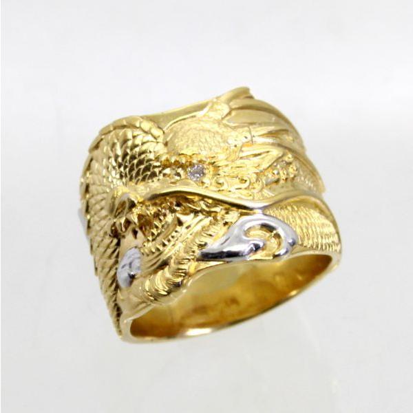 ◎中古美品◎１８金　ダイヤ　龍彫　メンズリング　19.5号