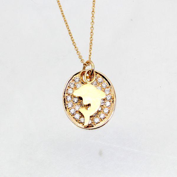 ◎中古美品◎１８金PG　イルカデザイン　ダイヤ，ピンクサファイア　ペンダント付ネックレス