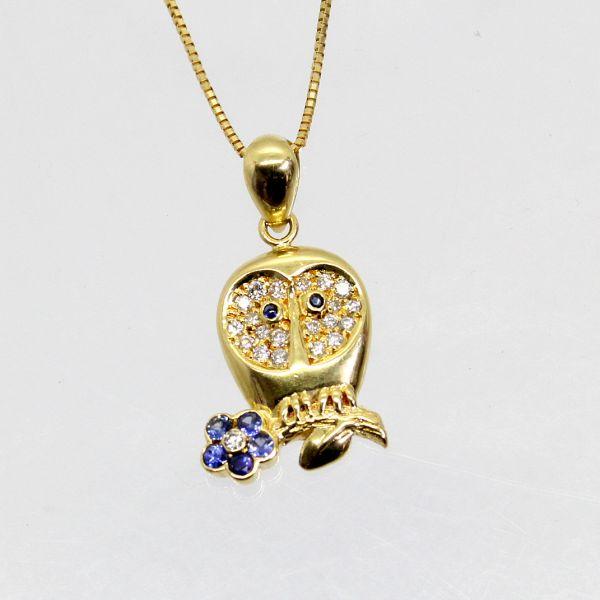◎中古美品◎１８金　サファイア　0.24ｃｔ　ダイヤ　0.22ct　フクロウデザイン　ペンダント付ネ...
