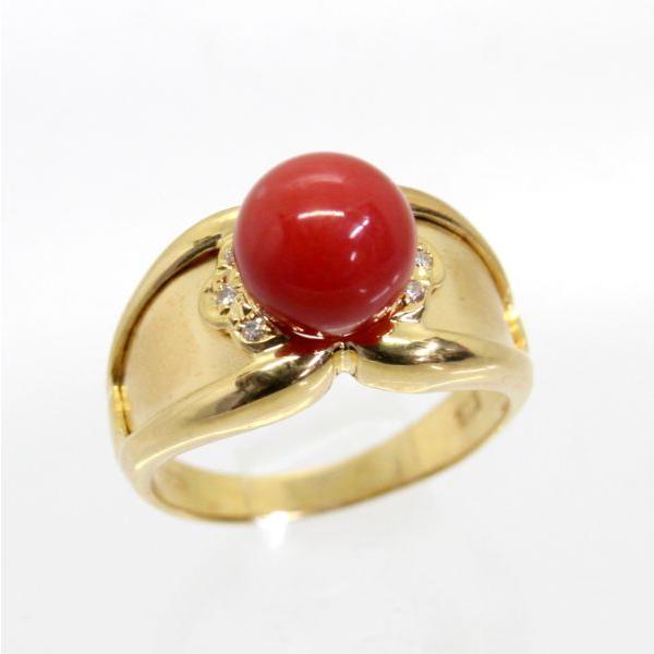 ◎中古美品◎１８金　赤サンゴ　7.9mm　ダイヤ　0.033ｃｔ　リング　12号